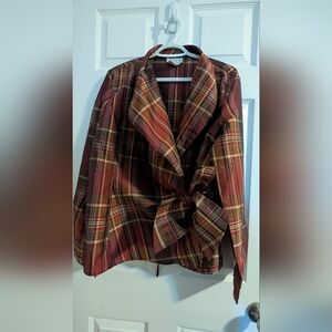 💙PULI 💙 Burgundy Plaid Women's Blazer with Bow/Sash